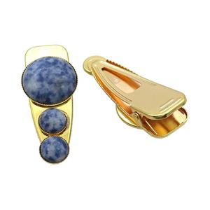 Copper Hair Clips Pave Blue Dalmatian Jasper Gold Plated, approx 12mm, 25-60mm
