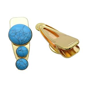 Copper Hair Clips Pave Blue Dye Turquoise Gold Plated, approx 12mm, 25-60mm