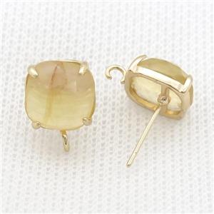 Copper Stud Earring Pave Yellow Citrine Square Gold Plated, approx 11mm