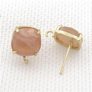 Copper Stud Earring Pave Peach Sunstone Square Gold Plated, approx 11mm