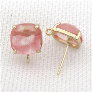 Copper Stud Earring Pave Pink Synthetic Quartz Square Gold Plated, approx 11mm