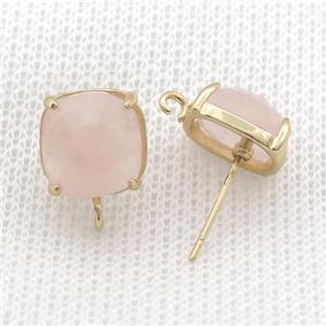 Copper Stud Earring Pave Rose Quartz Pink Square Gold Plated, approx 11mm