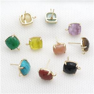 Copper Stud Earring Pave Gemstone Square Gold Plated Mixed, approx 11mm