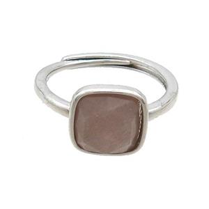 Copper Ring Pave Peach Sunstone Square Adjustable Platinum Plated, approx 10mm, 18mm dia