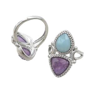Copper Ring Pave Amethyst Amazonite Adjustable Platinum Plated, approx 8-10mm, 10mm, 18mm dia