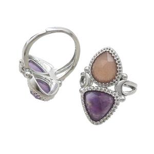 Copper Ring Pave Amethyst Sunstone Adjustable Platinum Plated, approx 8-10mm, 10mm, 18mm dia