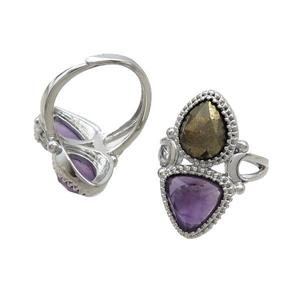 Copper Ring Pave Amethyst Pyrite Adjustable Platinum Plated, approx 8-10mm, 10mm, 18mm dia