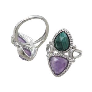 Copper Ring Pave Amethyst Malachite Adjustable Platinum Plated, approx 8-10mm, 10mm, 18mm dia