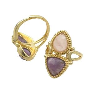 Copper Ring Pave Amethyst Rose Quartz Adjustable Gold Plated, approx 8-10mm, 10mm, 18mm dia