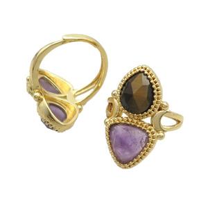 Copper Ring Pave Amethyst Tiger Eye Stone Adjustable Gold Plated, approx 8-10mm, 10mm, 18mm dia