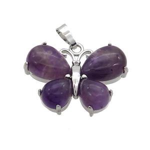 Natural Purple Amethyst Butterfly Pendant Platinum Plated, approx 20-30mm