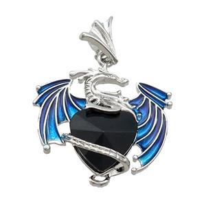 Alloy Dragon Pendant Pave Black Onyx Heart Blue Enamel Platinum Plated, approx 15mm, 25-30mm