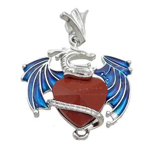 Alloy Dragon Pendant Pave Red Jasper Heart Blue Enamel Platinum Plated, approx 15mm, 25-30mm