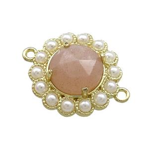 Copper Circle Connector Pave Peach Sunstone Pearlized Resin Gold Plated, approx 18mm