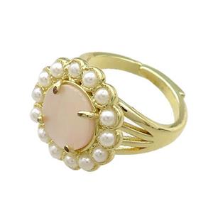 Copper Circle Rings Pave Pink Queen Shell Pearlized Resin Adjustable Gold Plated, approx 18mm, 18mm dia