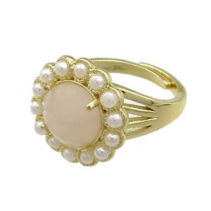 Copper Circle Rings Pave Rose Quartz Pearlized Resin Adjustable Gold Plated, approx 18mm, 18mm dia
