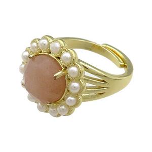 Copper Circle Rings Pave Peach Sunstone Pearlized Resin Adjustable Gold Plated, approx 18mm, 18mm dia