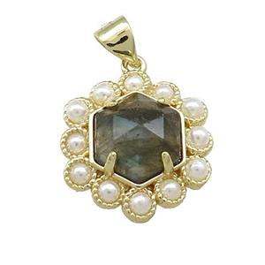 Copper Hexagon Pendant Pave Labradorite Pearlized Resin Gold Plated, approx 18mm