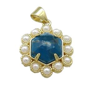Copper Hexagon Pendant Pave Blue Apatite Pearlized Resin Gold Plated, approx 18mm