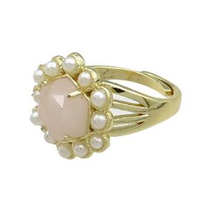 Copper Hexagon Rings Pave Rose Quartz Pearlized Resin Adjustable Gold Plated, approx 18mm, 18mm dia