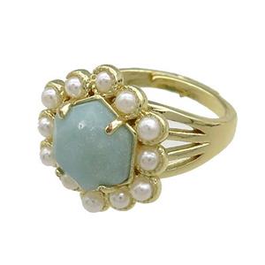 Copper Hexagon Rings Pave Blue Amazonite Pearlized Resin Adjustable Gold Plated, approx 18mm, 18mm dia