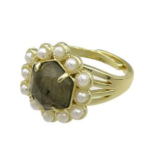 Copper Hexagon Rings Pave Labradorite Pearlized Resin Adjustable Gold Plated, approx 18mm, 18mm dia