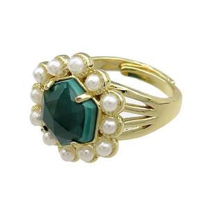 Copper Hexagon Rings Pave Malachite Pearlized Resin Adjustable Gold Plated, approx 18mm, 18mm dia