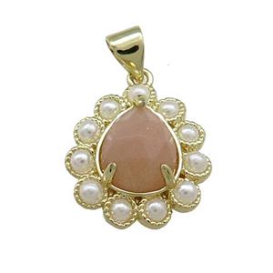 Copper Teardrop Pendant Pave Peach Sunstone Pearlized Resin Gold Plated, approx 16-18mm