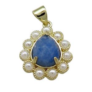 Copper Teardrop Pendant Pave Blue Aventurine Pearlized Resin Gold Plated, approx 16-18mm