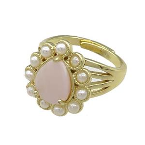 Copper Teardrop Rings Pave Pink Queen Shell Pearlized Resin Adjustable Gold Plated, approx 16-18mm, 18mm dia