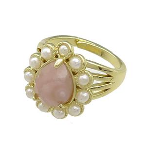 Copper Teardrop Rings Pave Rose Quartz Pearlized Resin Adjustable Gold Plated, approx 16-18mm, 18mm dia