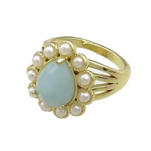 Copper Teardrop Rings Pave Blue Amazonite Pearlized Resin Adjustable Gold Plated, approx 16-18mm, 18mm dia