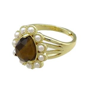 Copper Teardrop Rings Pave Tiger Eye Stone Pearlized Resin Adjustable Gold Plated, approx 16-18mm, 18mm dia