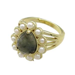 Copper Teardrop Rings Pave Labradorite Pearlized Resin Adjustable Gold Plated, approx 16-18mm, 18mm dia