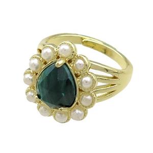 Copper Teardrop Rings Pave Malachite Pearlized Resin Adjustable Gold Plated, approx 16-18mm, 18mm dia