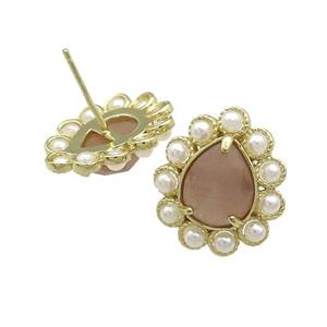 Copper Teardrop Stud Earrings Pave Peach Sunstone Pearlized Resin Gold Plated, approx 16-18mm