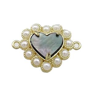 Copper Heart Connector Pave Gray Abalone Shell Pearlized Resin Gold Plated, approx 18mm