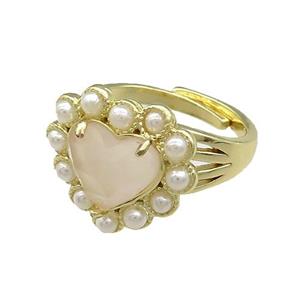 Copper Heart Rings Pave Rose Quartz Pearlized Resin Adjustable Gold Plated, approx 18mm, 18mm dia