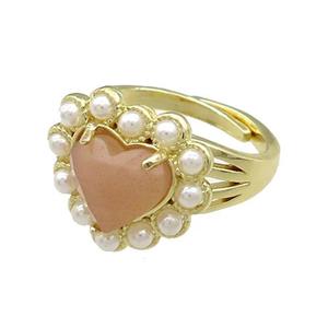 Copper Heart Rings Pave Peach Sunstone Pearlized Resin Adjustable Gold Plated, approx 18mm, 18mm dia