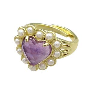 Copper Heart Rings Pave Amethyst Pearlized Resin Adjustable Gold Plated, approx 18mm, 18mm dia