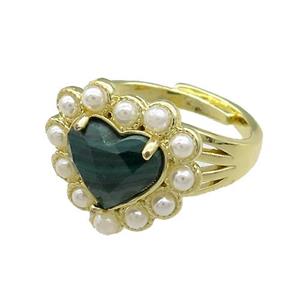 Copper Heart Rings Pave Malachite Pearlized Resin Adjustable Gold Plated, approx 18mm, 18mm dia