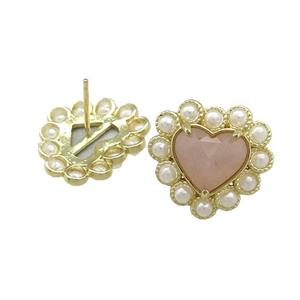 Copper Heart Stud Earring Pave Peach Sunstone Pearlized Resin Gold Plated, approx 18mm