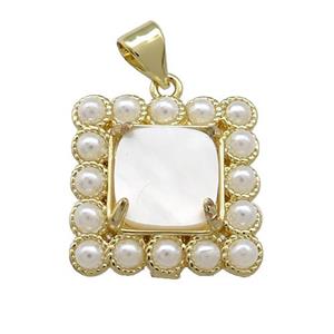 Copper Square Pendant Pave White Shell Pearlized Resin Gold Plated, approx 17x17mm