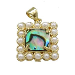 Copper Square Pendant Pave Abalone Shell Pearlized Resin Gold Plated, approx 17x17mm