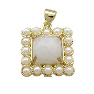 Copper Square Pendant Pave White Moonstone Pearlized Resin Gold Plated, approx 17x17mm