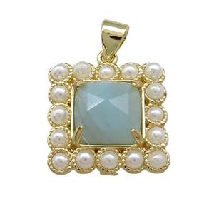 Copper Square Pendant Pave Blue Amazonite Pearlized Resin Gold Plated, approx 17x17mm