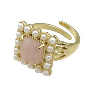Copper Rings Pave Rose Quartz Pearlized Resin Square Adjustable Gold Plated, approx 17x17mm, 18mm dia