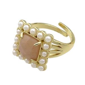 Copper Rings Pave Sunstone Pearlized Resin Square Adjustable Gold Plated, approx 17x17mm, 18mm dia