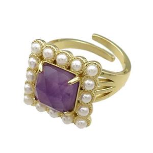 Copper Rings Pave Amethyst Pearlized Resin Square Adjustable Gold Plated, approx 17x17mm, 18mm dia