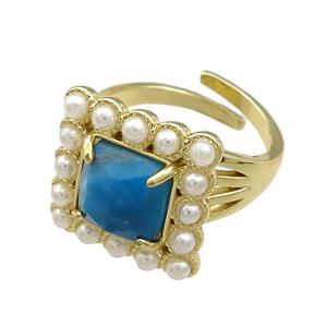 Copper Rings Pave Blue Apatite Pearlized Resin Square Adjustable Gold Plated, approx 17x17mm, 18mm dia